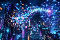 Futuristic city with digital data streams connecting blockchain nodes