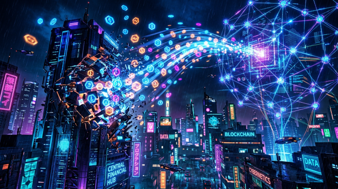 Futuristic city with digital data streams connecting blockchain nodes